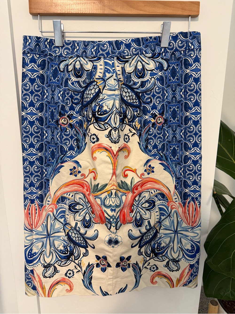 Anthropologie Blue, Cream and Coral Ornate Printed Drapery Panel